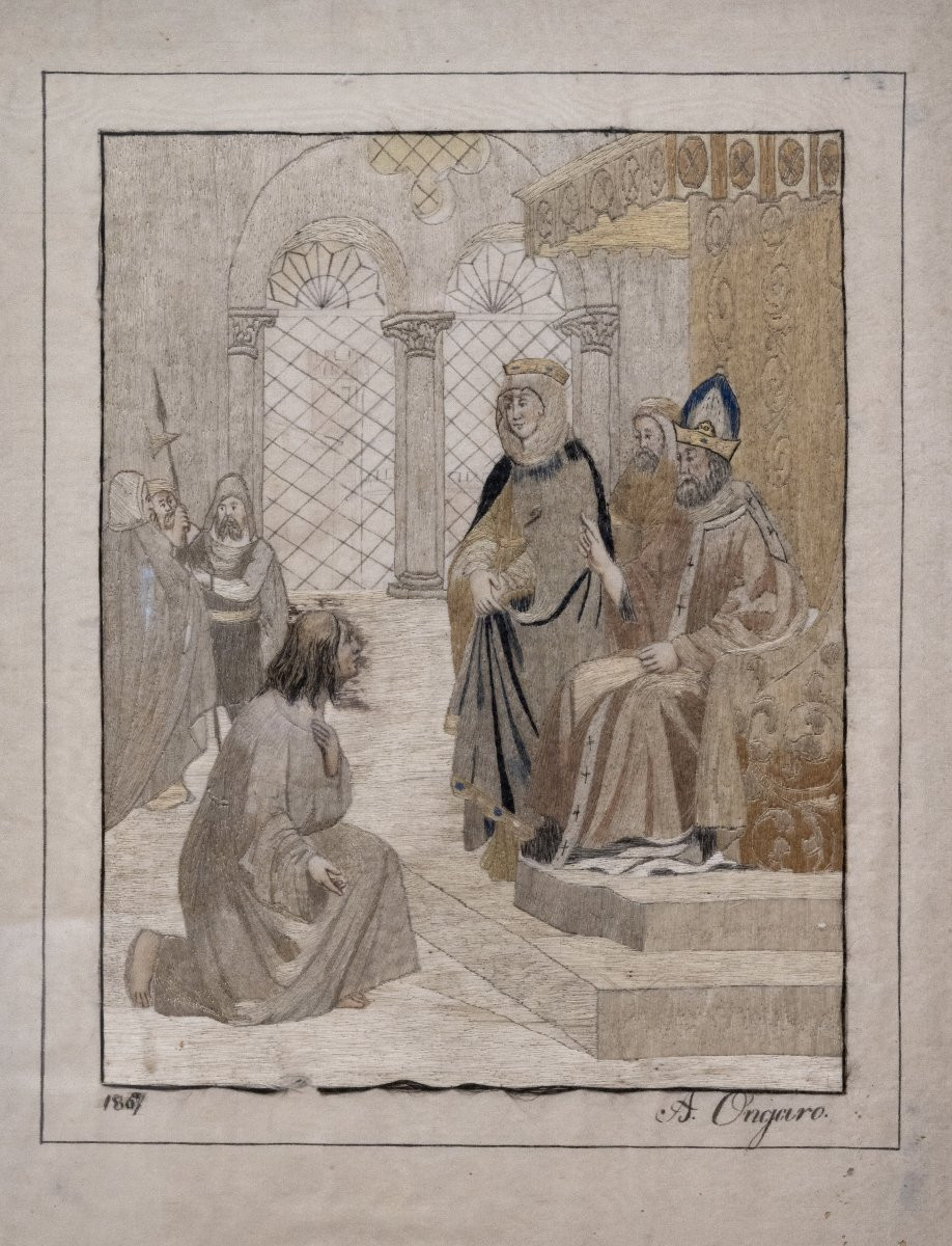 A. Ongaro – Interior Scene – Embroidery On Fabric – Italy 1867-photo-2